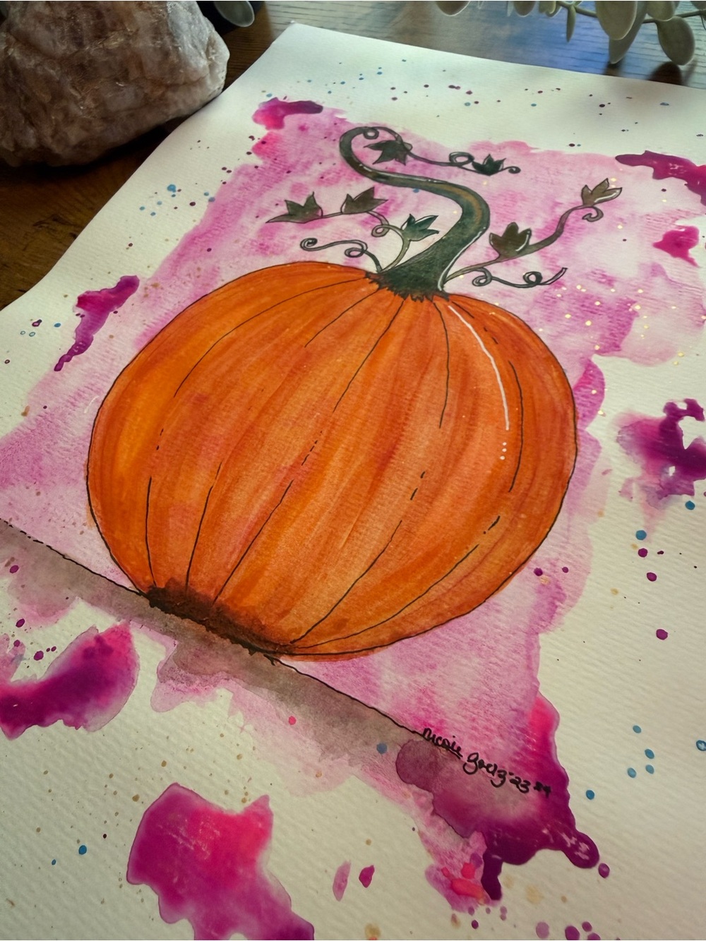 Pink Spell Original Pumpkin Watercolor Painting 9x12 - Picture 3 of 4